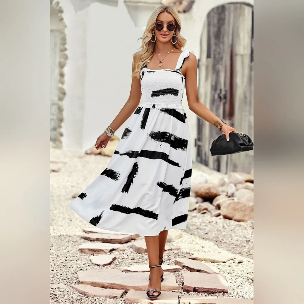 Contrast Paintbrush White Black Sleeveless Smocked Bodice Summer Midi Dress